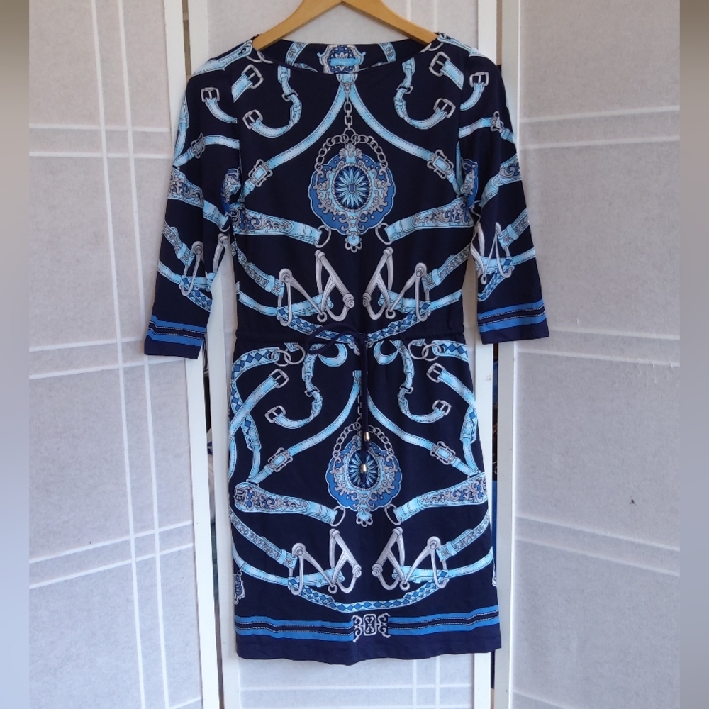J. McLaughlin Blue Sheath Dress with 3/4 Sleeves Equestrian Print